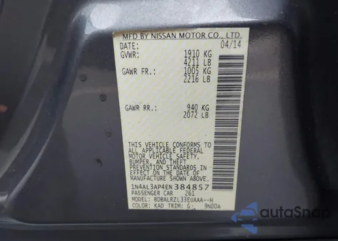 2014 Nissan Altima 2.5 S z USA, uszkodzony, nr VIN 1N4AL3AP4EN384857